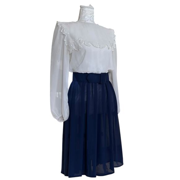 Vintage 80s White Blue Sheer Belted Dress Womens Sz Small Lace Collar Coquette - Picture 4 of 16